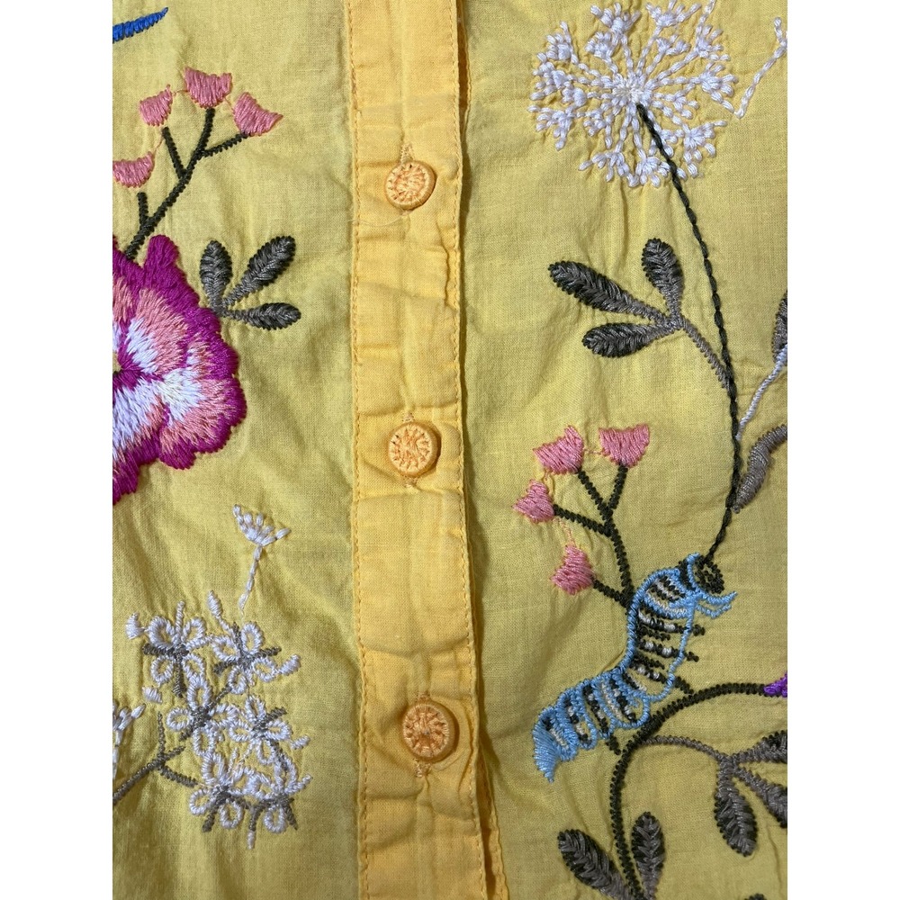 Johnny Was Workshop Yellow Cotton Embroidered Floral Sun Butterfly Shirt Small - Picture 11 of 16